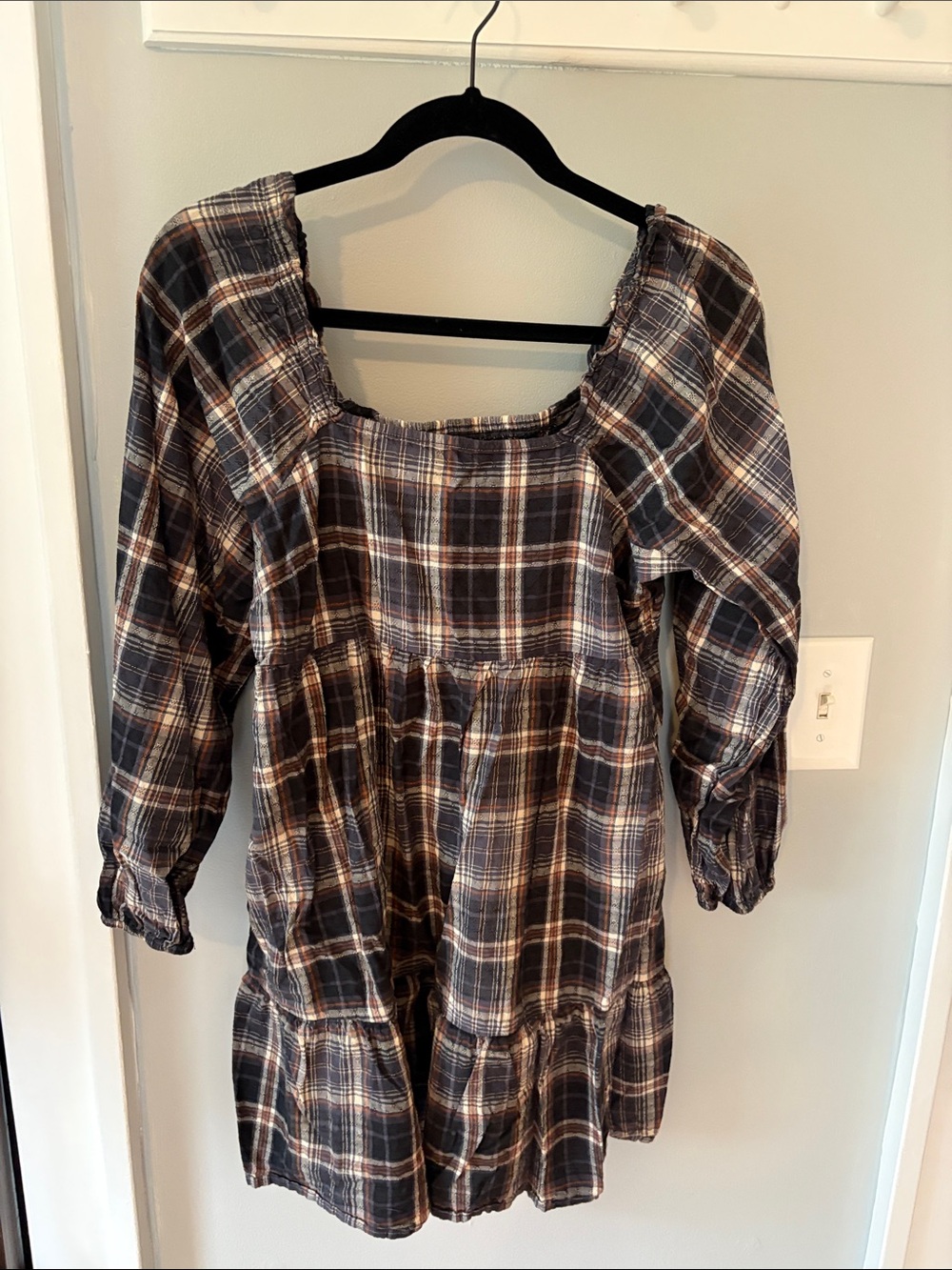 GUC Universal Thread Plaid Long Sleeve Navy Peasant Mini Dress Women’s Size M